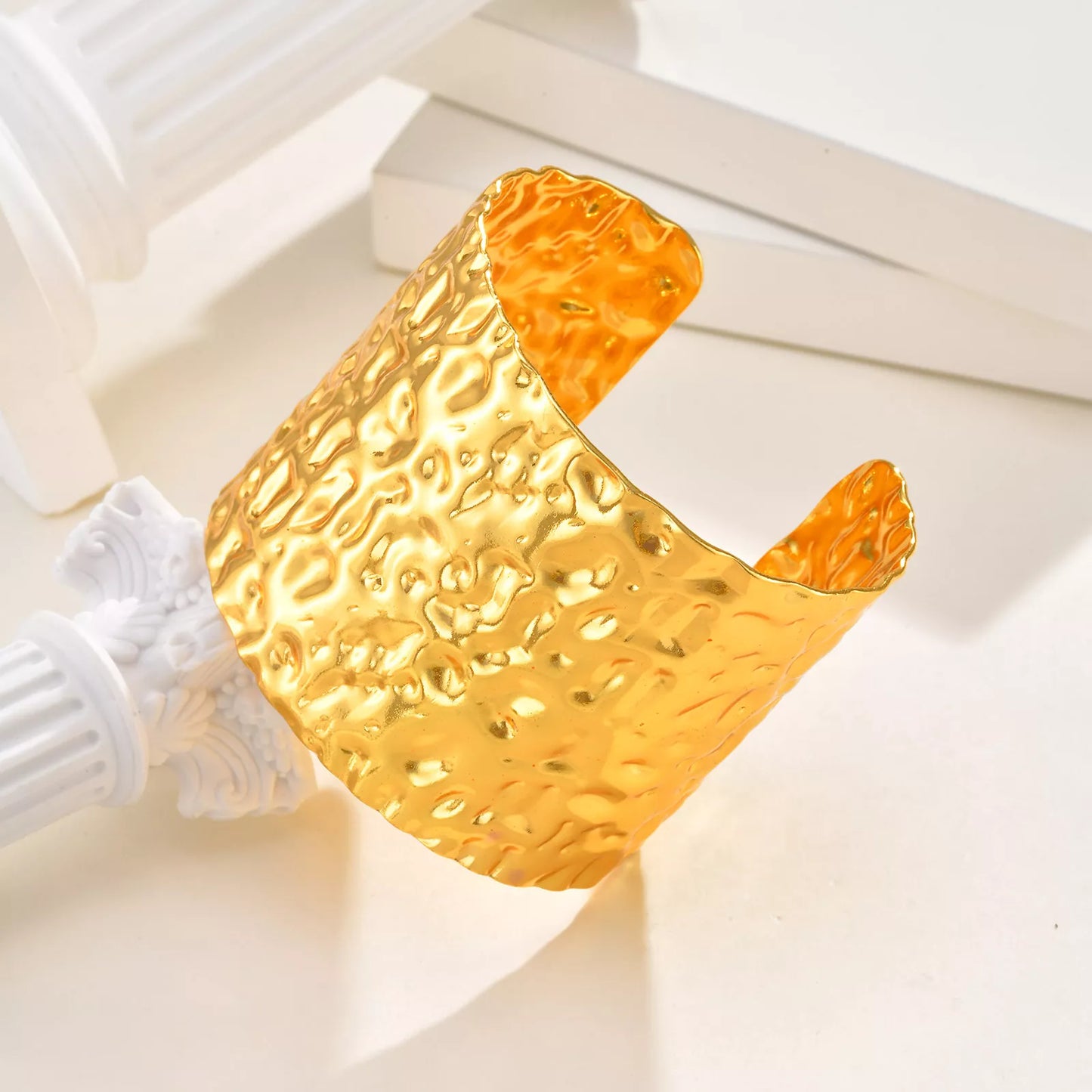 Gold Hammered Open Cuff Bracelet for Women – Wide Retro Stainless Steel Bangle