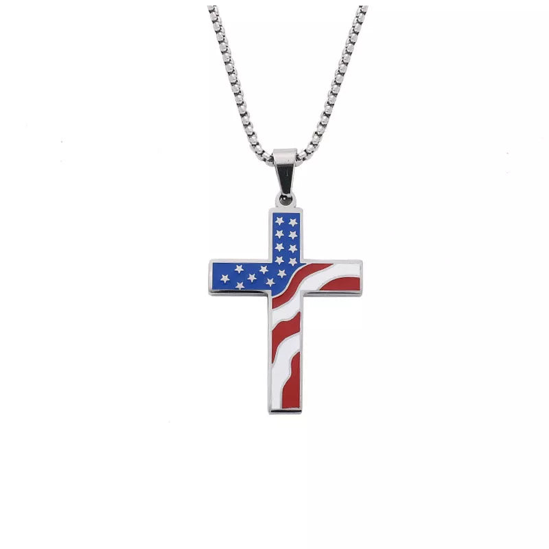 Patriotic American Flag Cross Pendant Necklace for 4th of July & Memorial Day