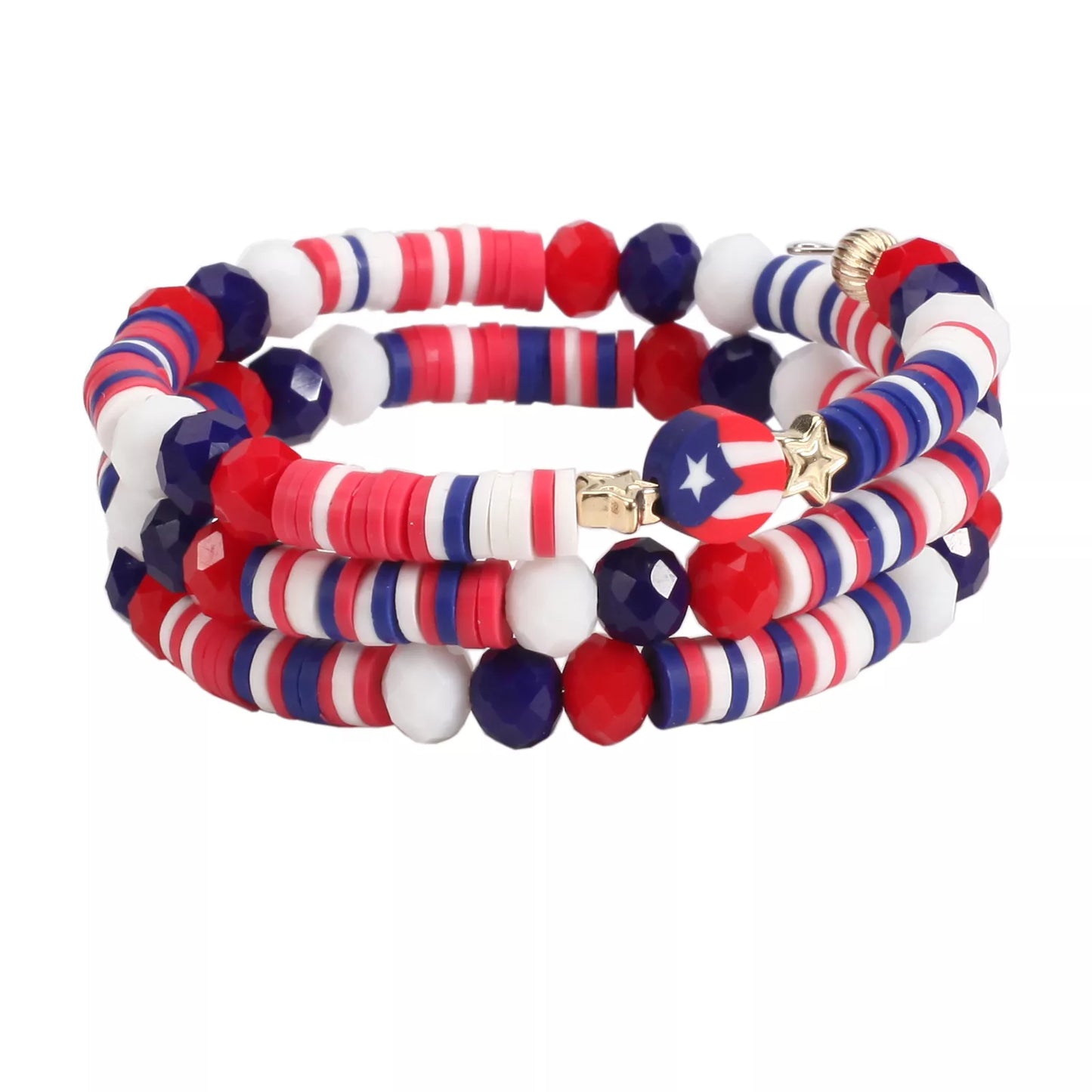 4th of July Patriotic Beaded Stretch Bracelet with American Flag Charm