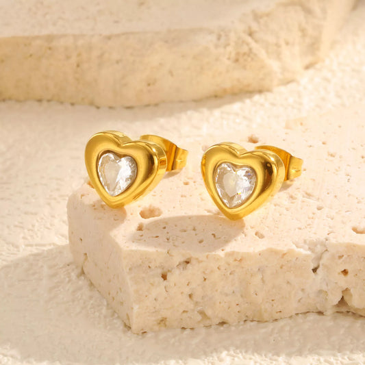 Gold Heart-Shaped Zircon Stud Earrings for Women