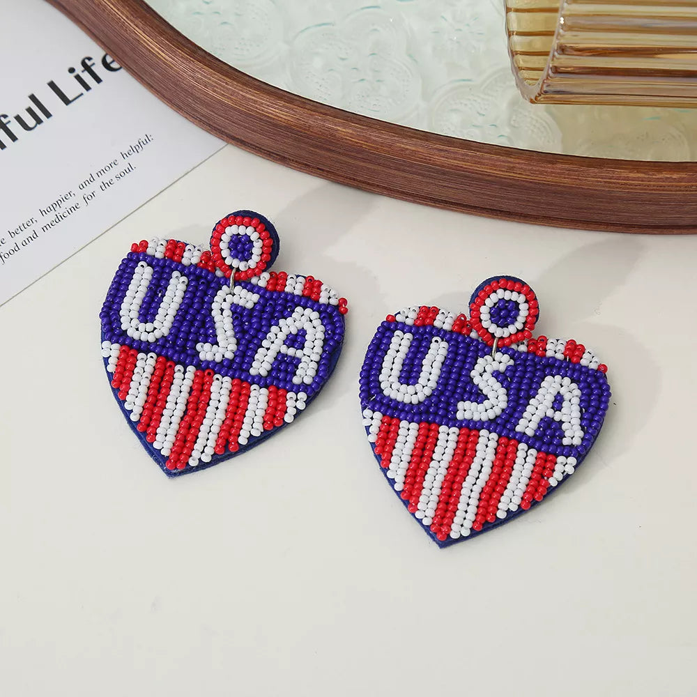 Boho Seed Bead USA Dangle Earrings – 4th of July Water Drop Design