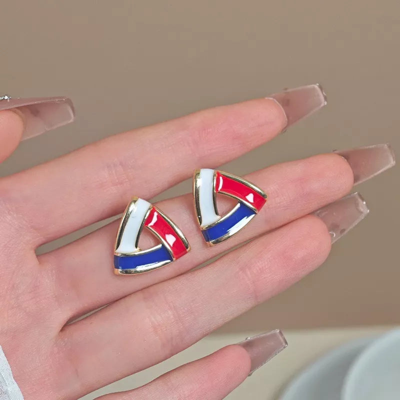 Patriotic Triangle Enamel Stud Earrings – Bold Geometric Fashion Jewelry