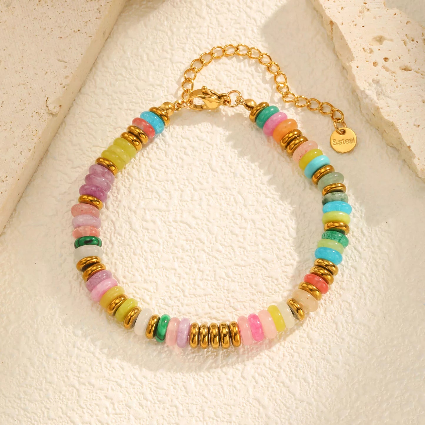 Colorful Natural Stone Bead Bracelet for Women – Stainless Steel Charm Jewelry
