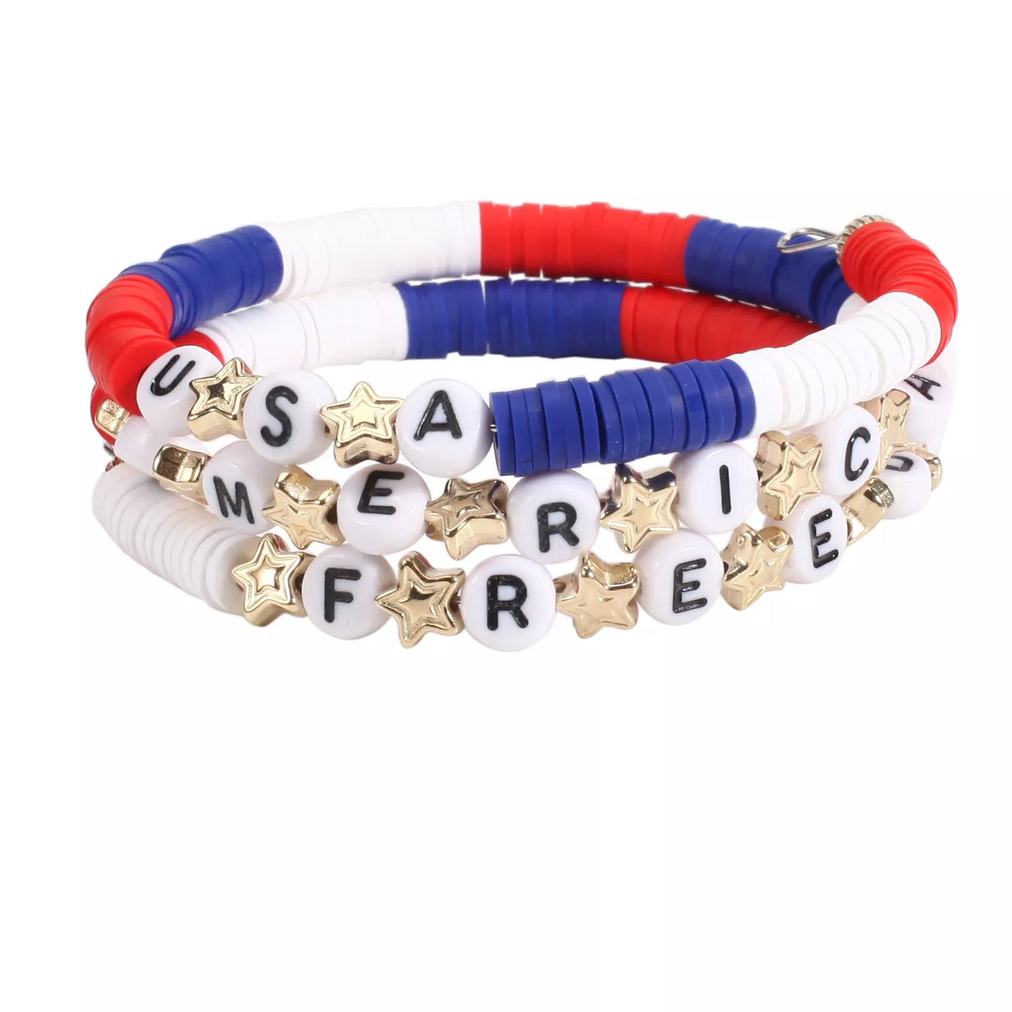 4th of July Patriotic Beaded Stretch Bracelet with American Flag Charm