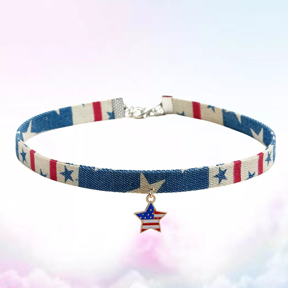 Patriotic Star American Flag Denim Choker Necklace – July 4th Fashion Accessory