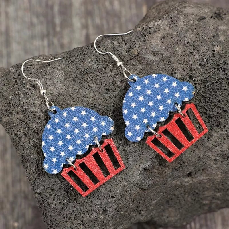 Patriotic Wooden Star Drop Earrings for Women – 4th of July Jewelry