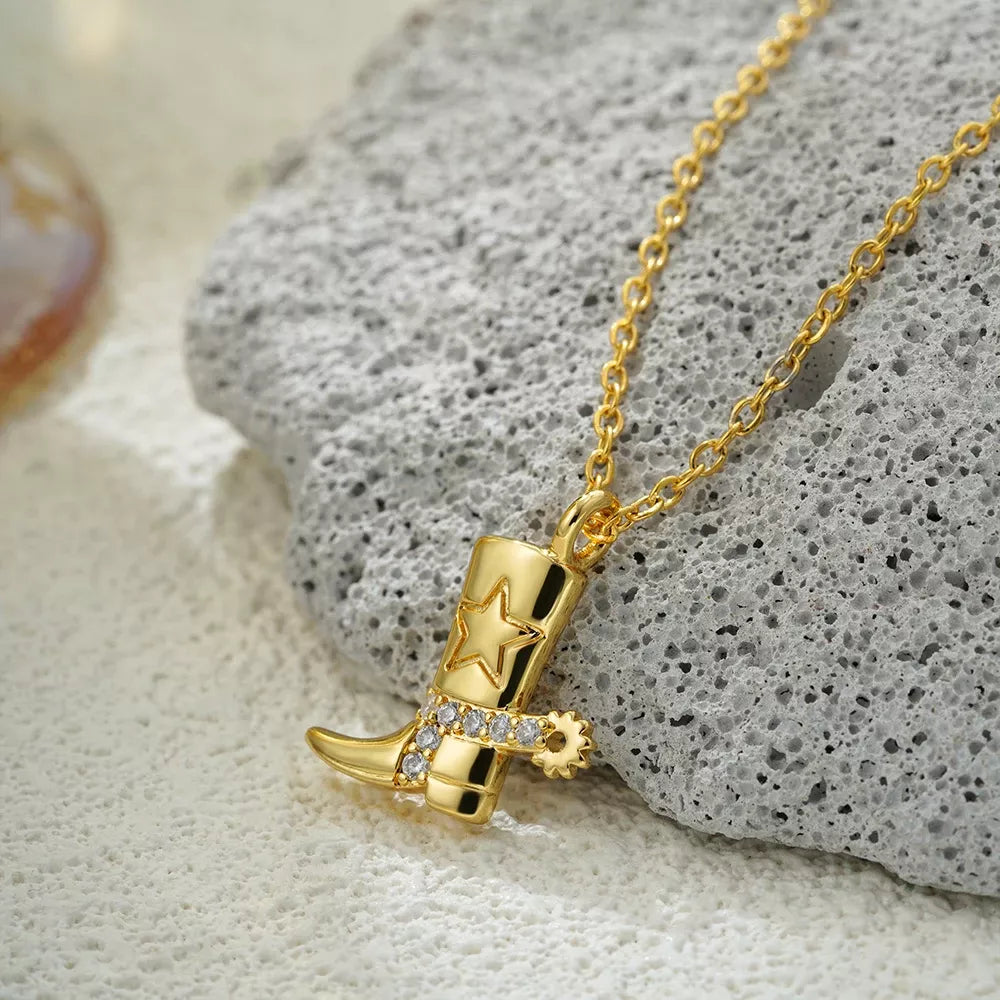 Gold Plated CZ Zircon Cowboy Boots Pendant Necklace for Women