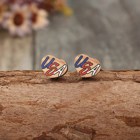 Patriotic USA Flag Wooden Heart Earrings