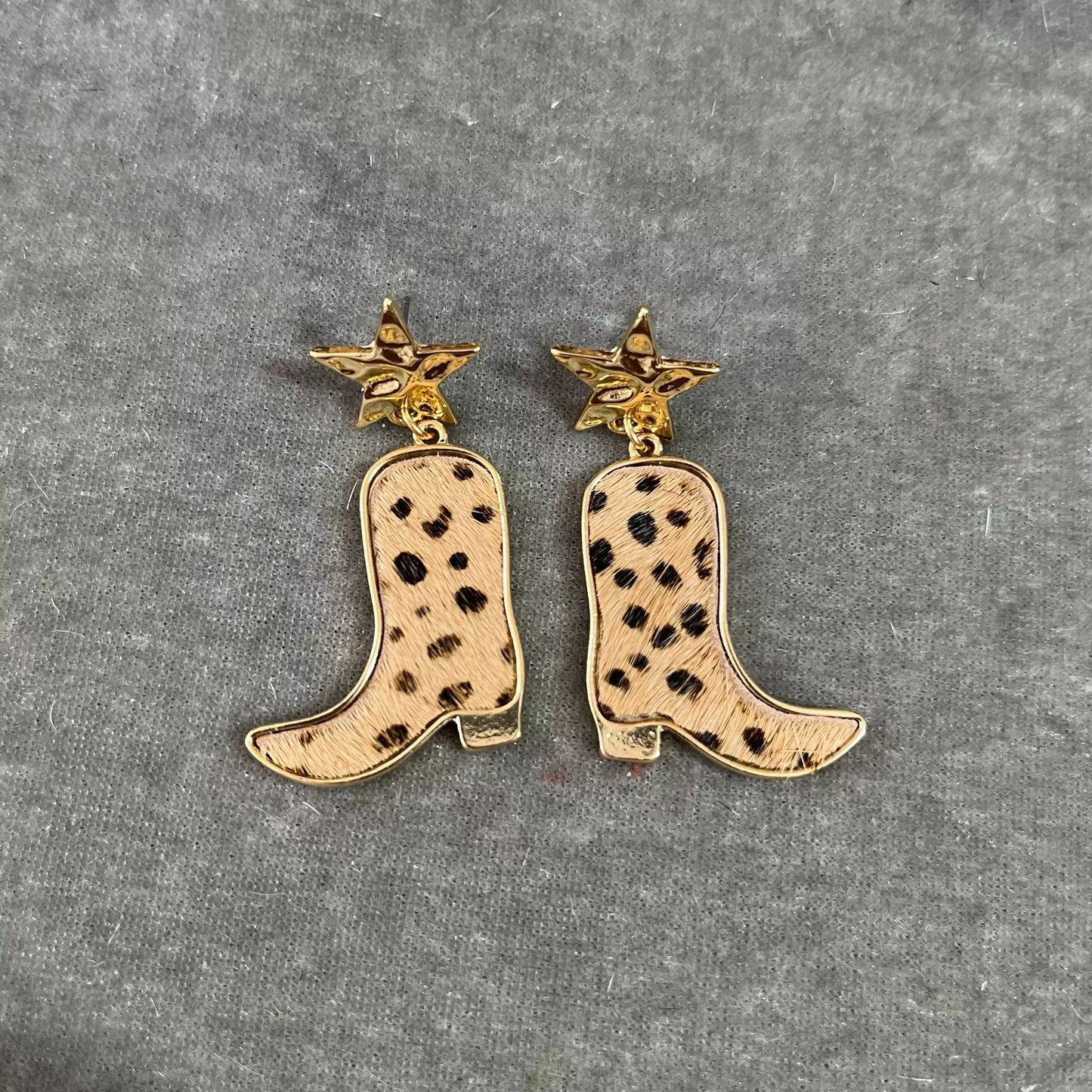 Boho Western Cow Print Boot Earrings – Dangly Star & Hat Cowgirl Jewelry