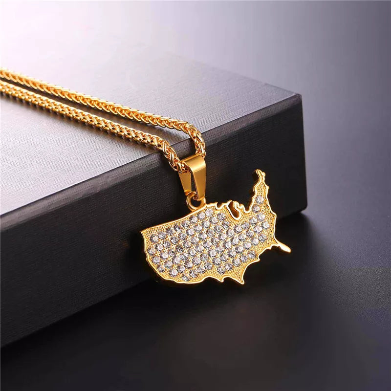 USA Map Pendant Necklace with Rhinestone CZ