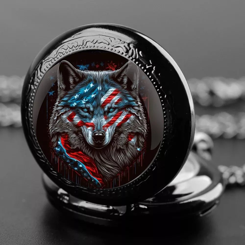 Vintage Wolf Flag Quartz Pocket Watch Pendant Necklace for Men & Women