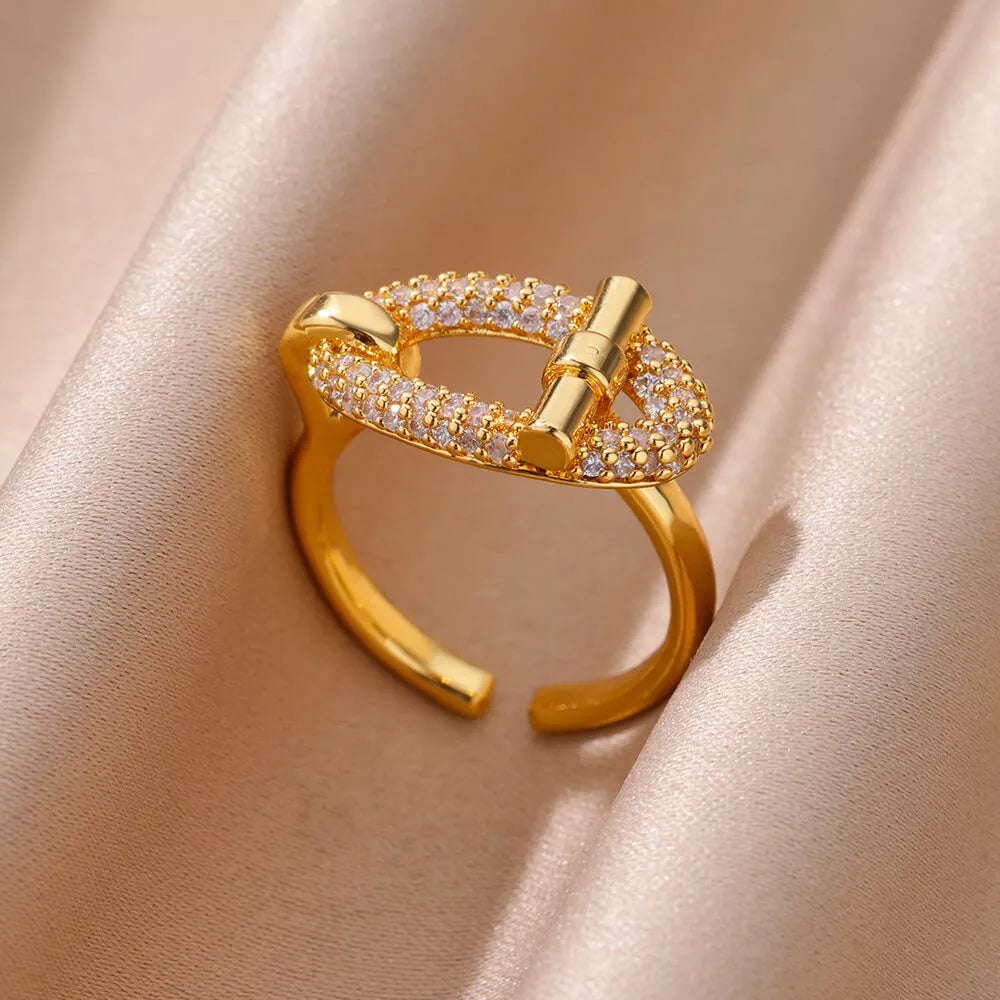 Gold Oval Zircon Open Ring for Women