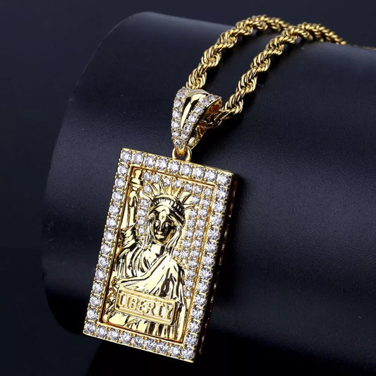 Bling Gold Statue of Liberty Pendant Necklace for Men – CZ Hip Hop Dog Tag