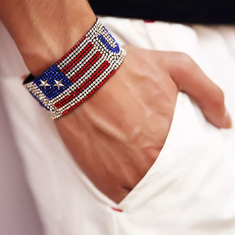 USA Flag Rhinestone Bracelet – Patriotic Hip Hop Bangle for Men & Women