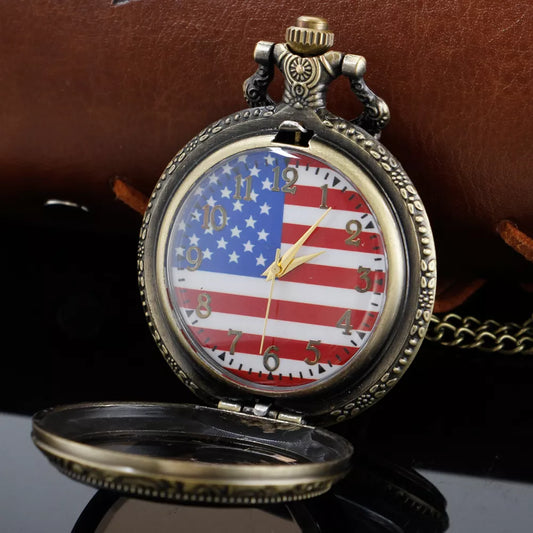 Vintage American Flag Pocket Watch Pendant with Chain – Steampunk Bronze Case