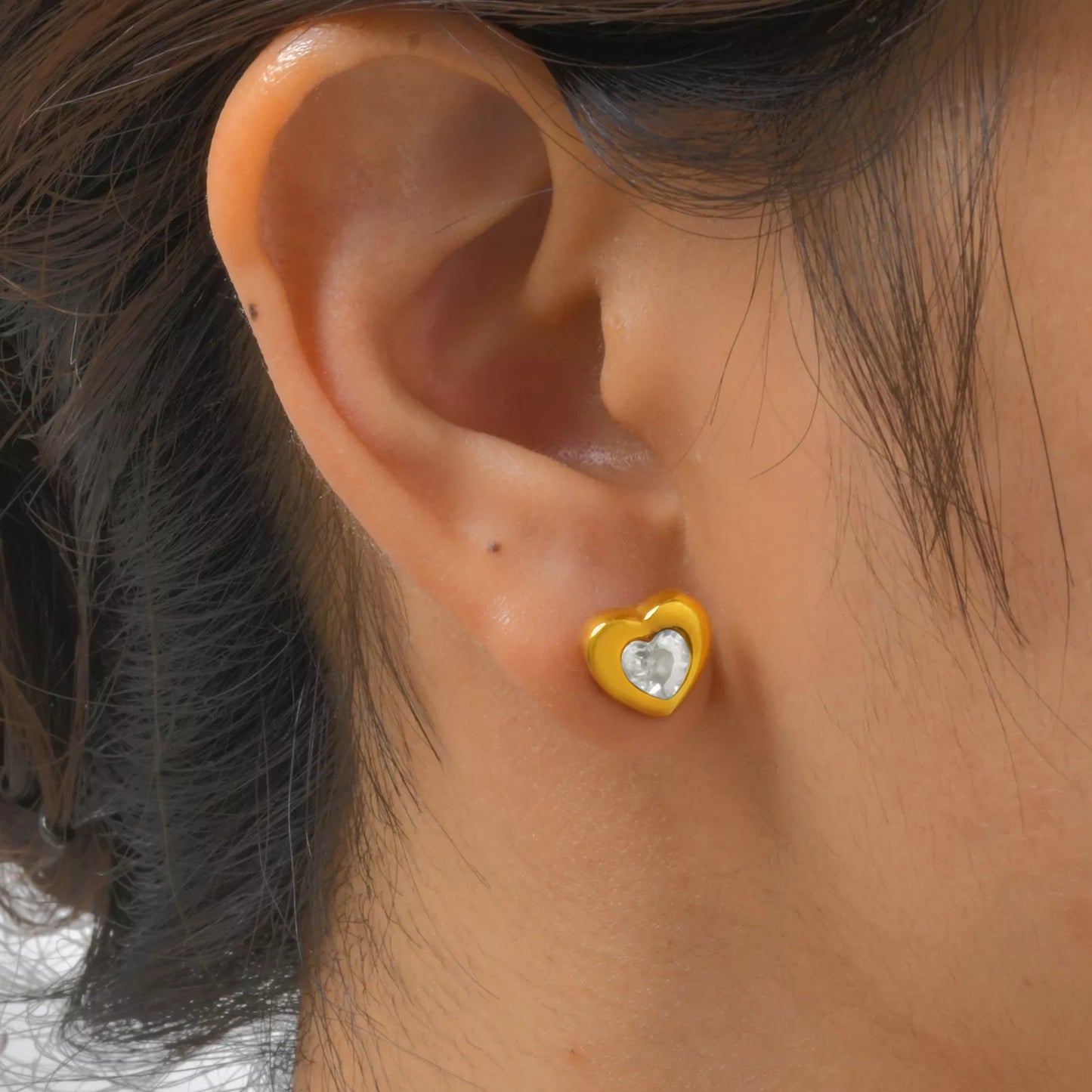 Gold Heart-Shaped Zircon Stud Earrings for Women