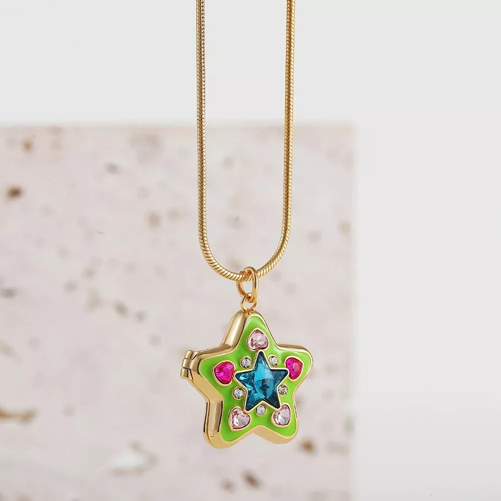 Green Star Crystal Locket Pendant Necklace with Enamel Photo Frame Design