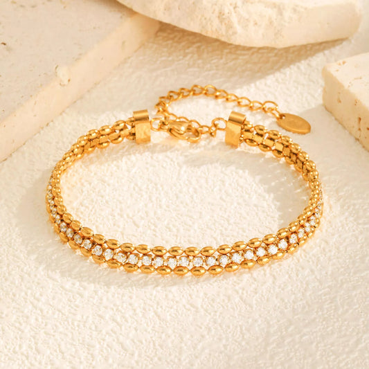 Gold Double Row Olive Bead Zircon Tennis Bracelet for Women