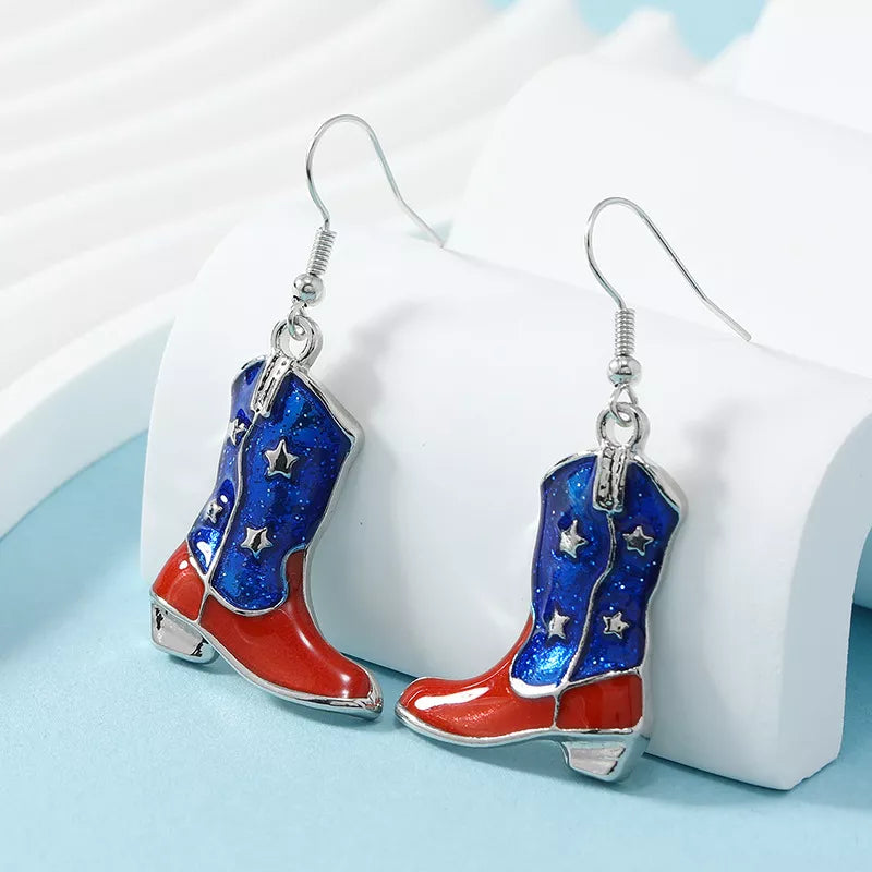 4th of July Dangle Earrings – American Flag Star & Shoe Pendant for Women