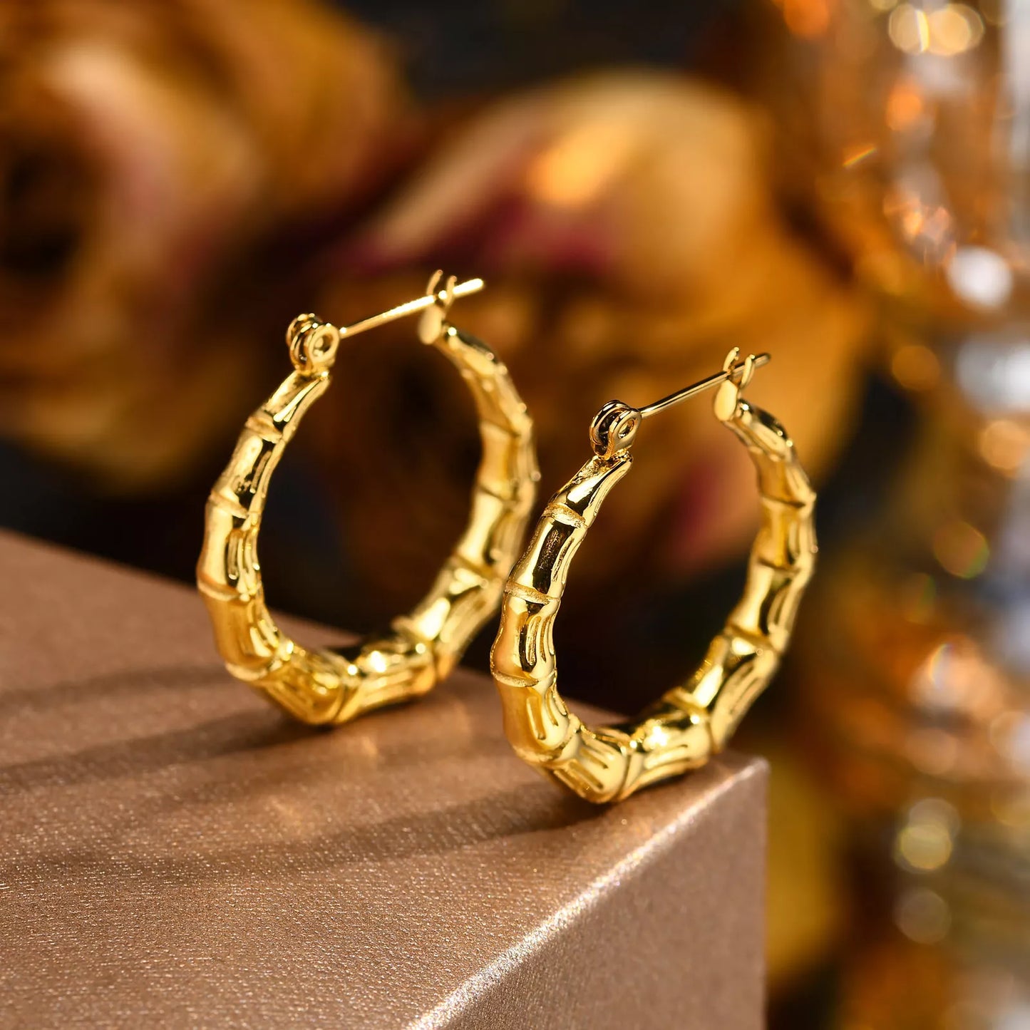 Gold Plated Bamboo Texture Hoop Earrings – Minimalist Hypoallergenic Huggies