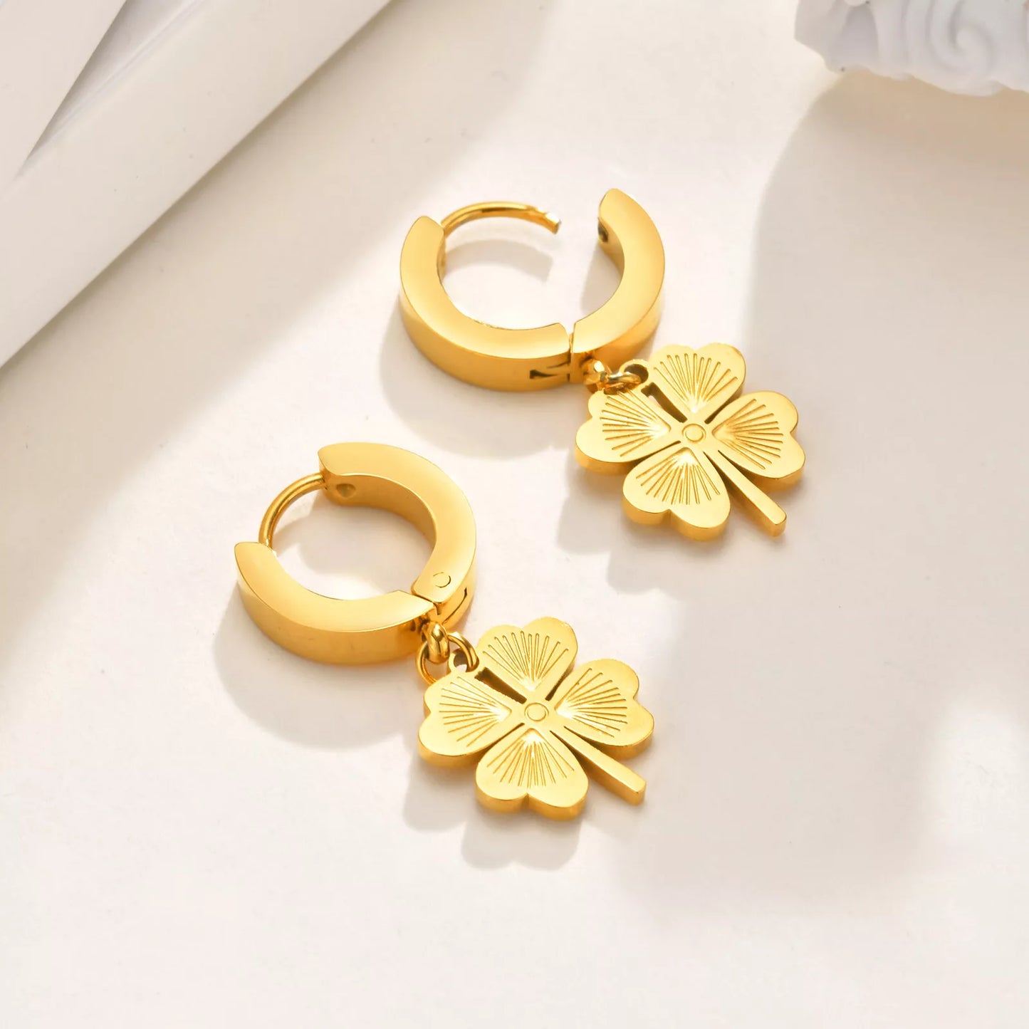Gold Four-Leaf Clover Hoop Earrings for Women – Stainless Steel, Waterproof