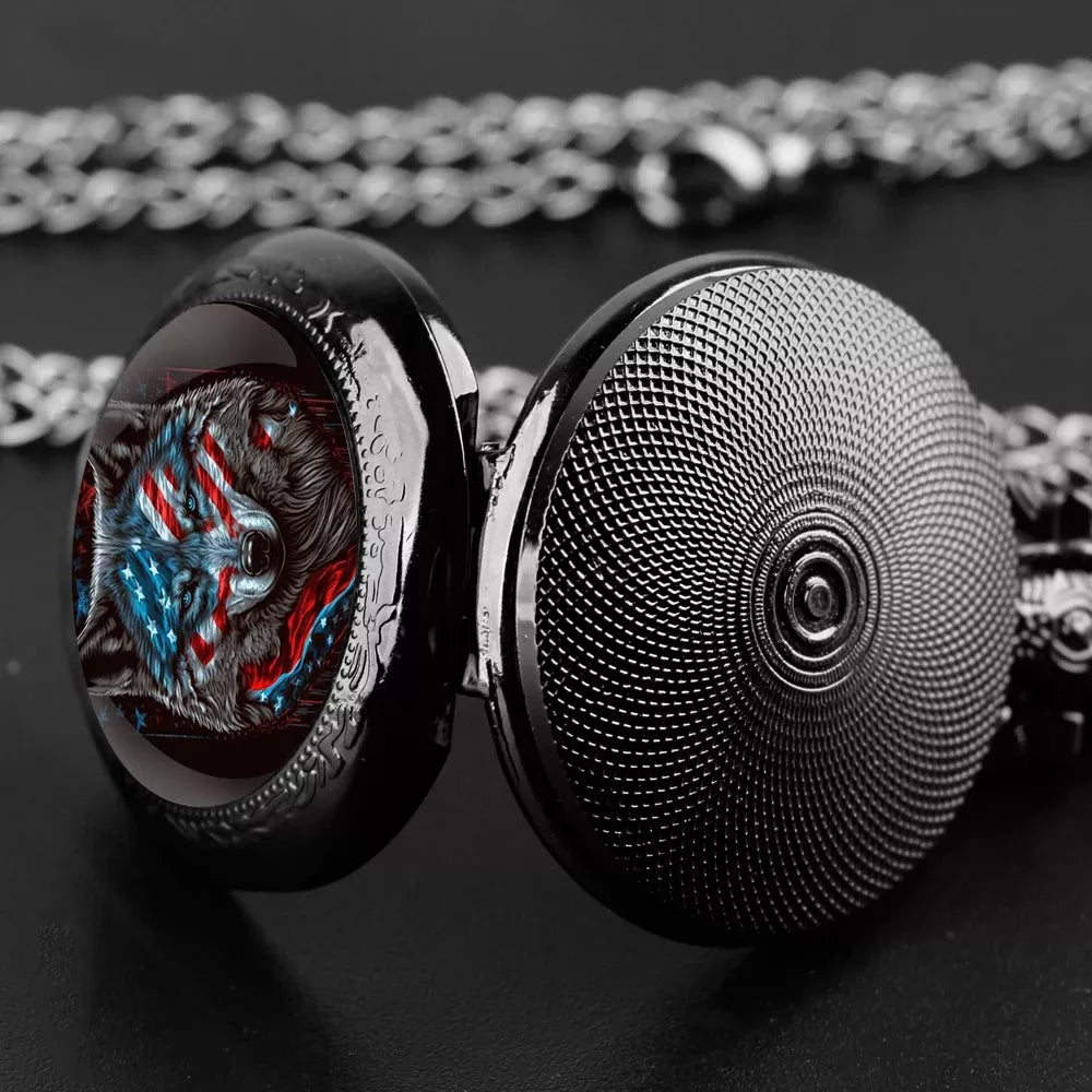 Vintage Wolf Flag Quartz Pocket Watch Pendant Necklace for Men & Women