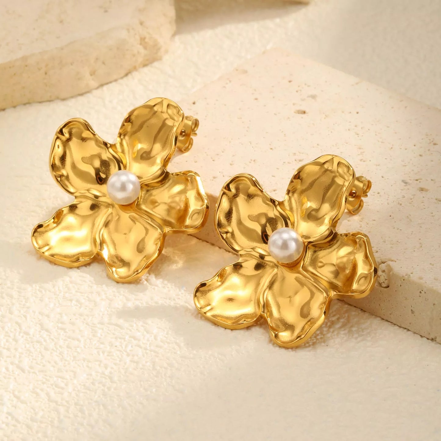 Gold Flower Pearl Stud Earrings for Women – Statement Party Jewelry Gift