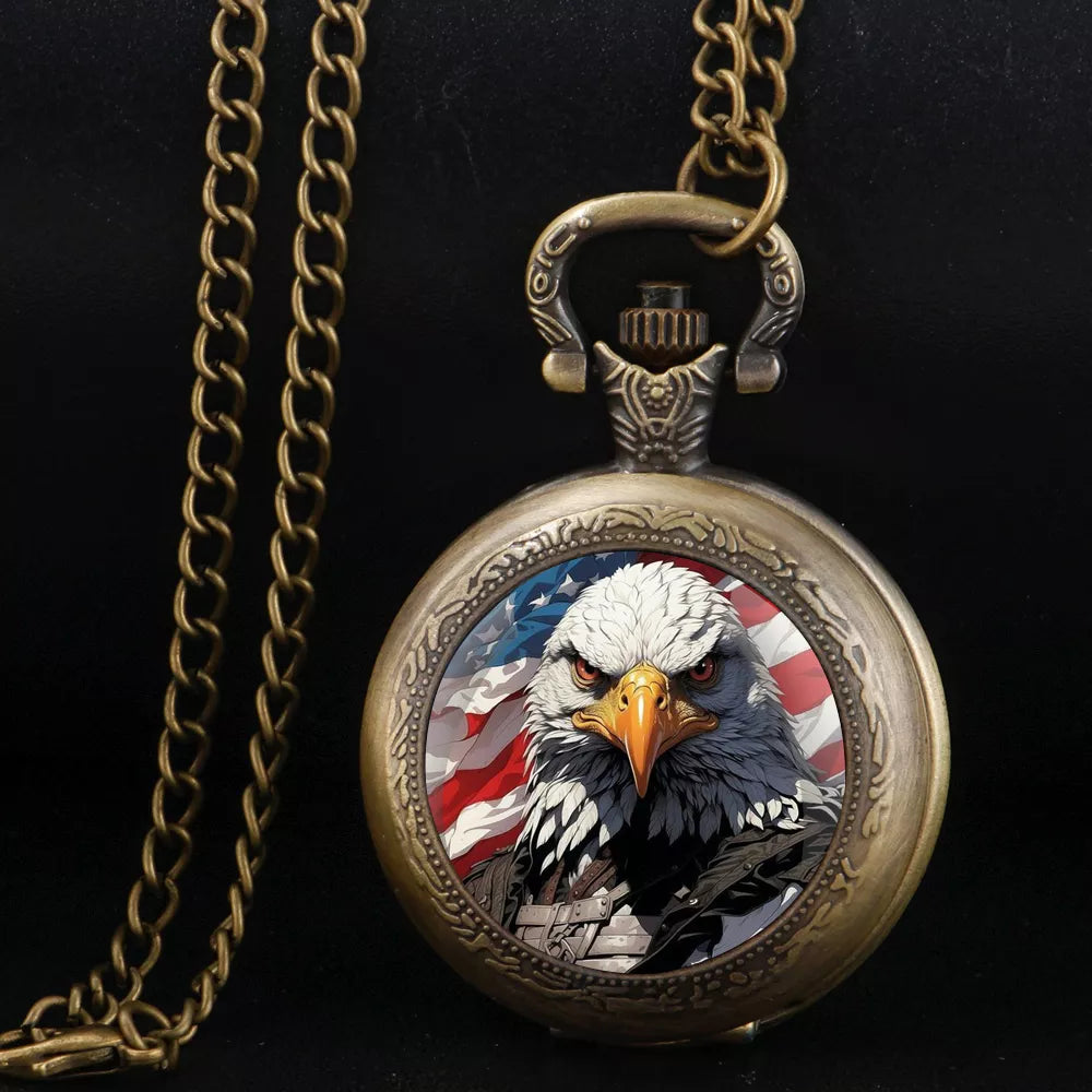 Vintage American Flag Bald Eagle Pocket Watch Pendant – July 4th Gift
