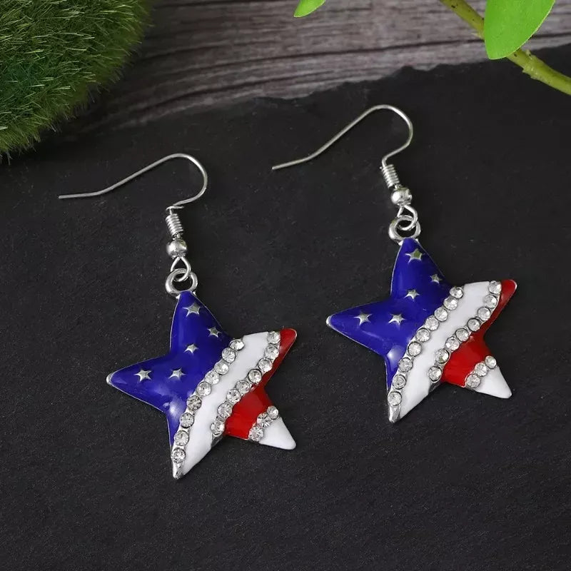 4th of July Star Dangle Earrings – Red, White & Blue Patriotic Drop Jewelry