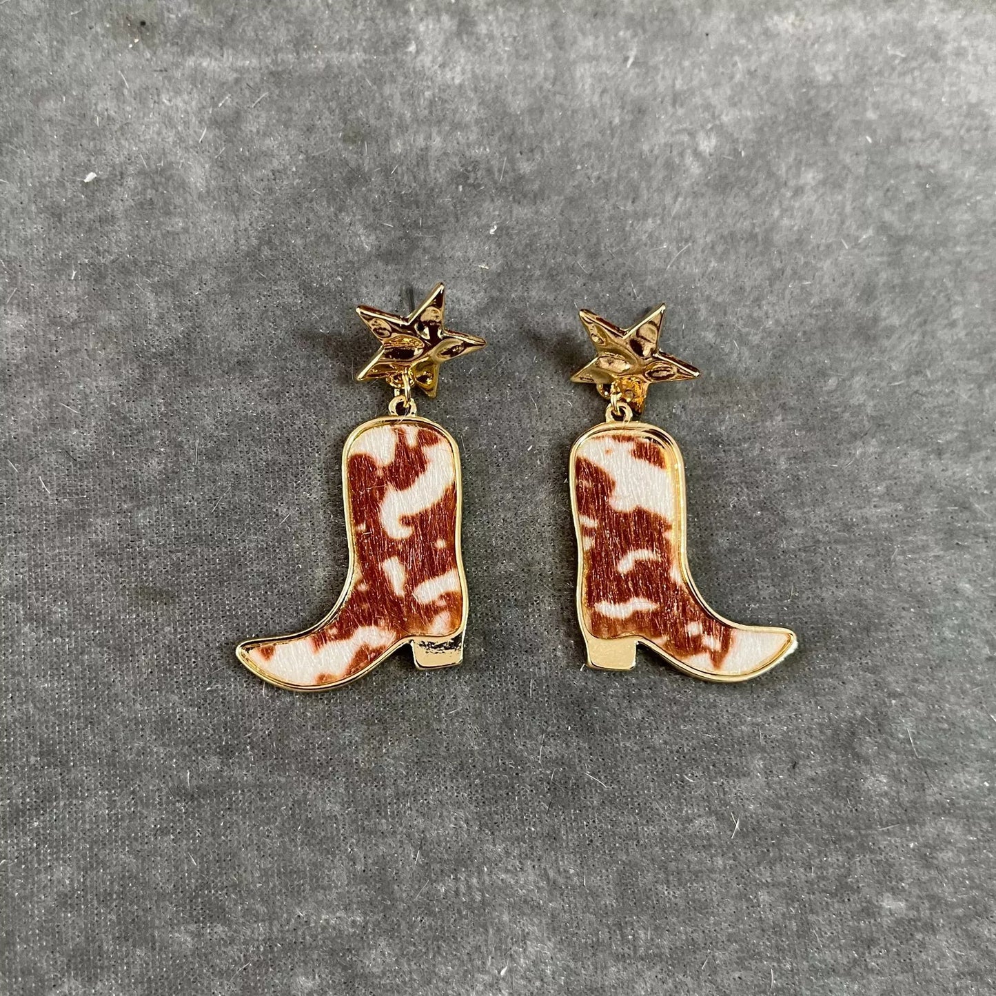 Boho Western Cow Print Boot Earrings – Dangly Star & Hat Cowgirl Jewelry