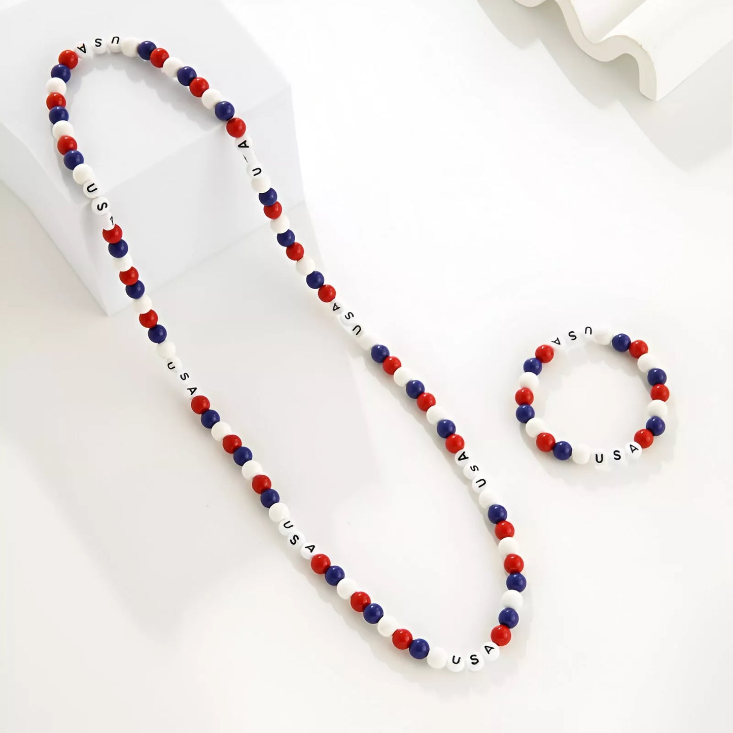 4th of July Patriotic Beaded Necklace & Bracelet Set
